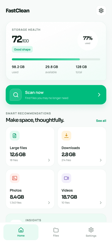 FastClean home design showing storage health, Scan now, file categories and bottom navigation