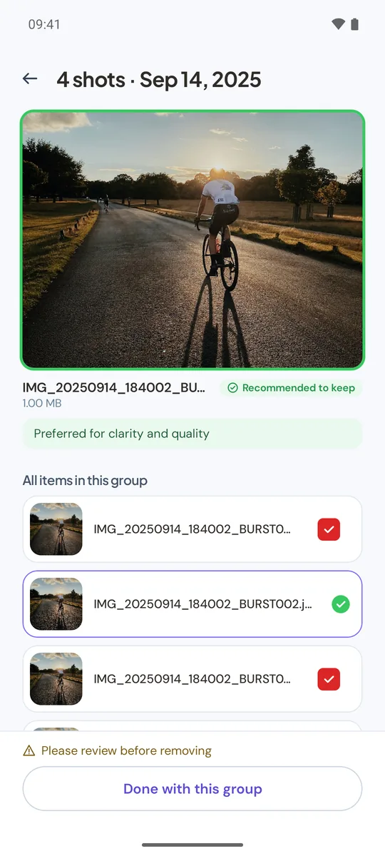 Comparing a group of burst photos: the sharpest shot is recommended to keep, two others are selected to remove