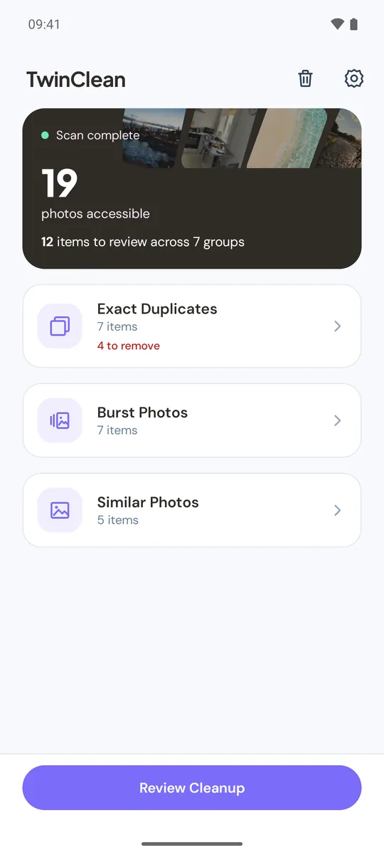 TwinClean home screen after a scan, with sample photos