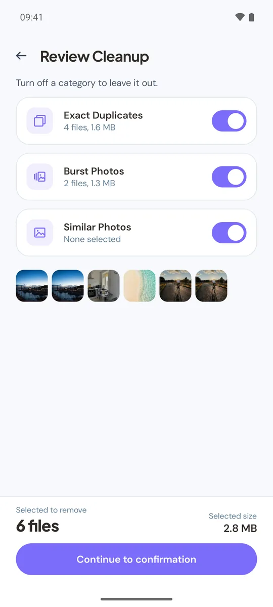 Review Cleanup screen with a switch for each category and the selected total
